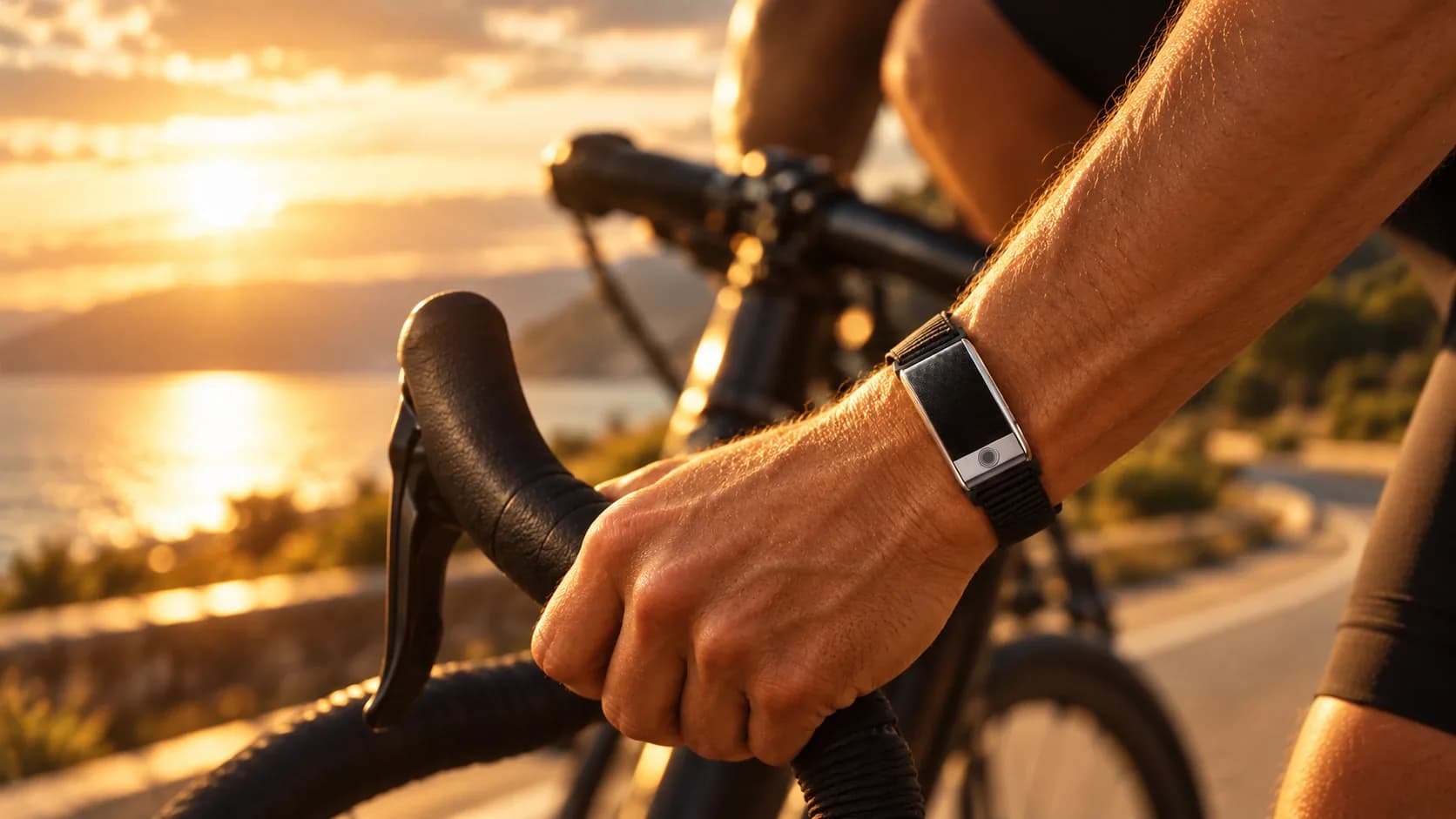 Plondo Band on a cyclist's wrist at sunset