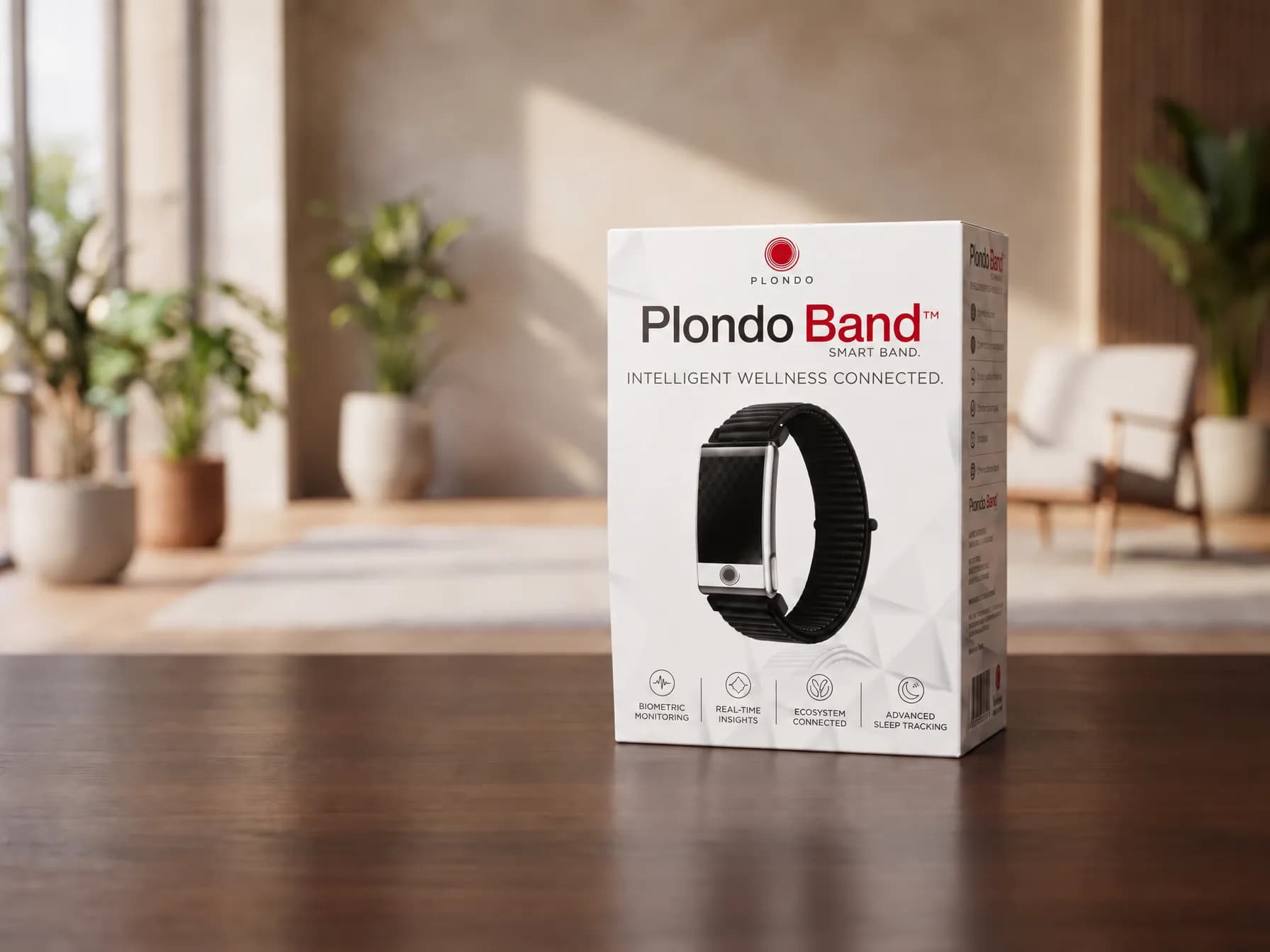 Plondo Band retail box on a wooden table