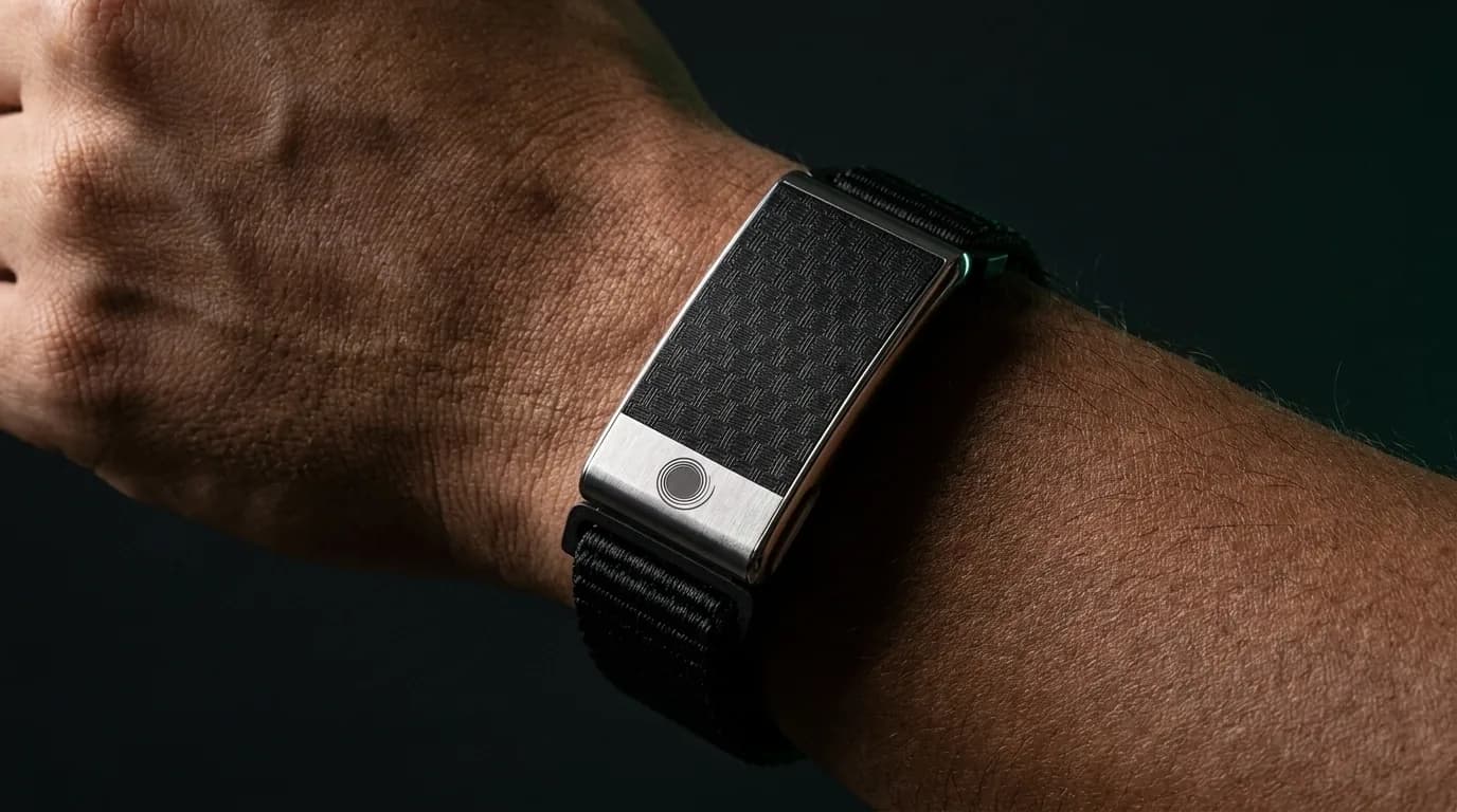 Plondo Band worn on a wrist, black texture and silver frame
