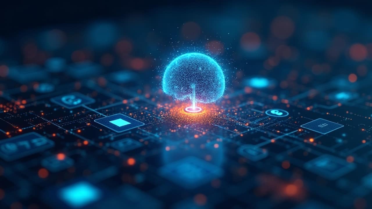 Abstract illustration of an AI assistant core connected to chat conversation bubbles and data panels