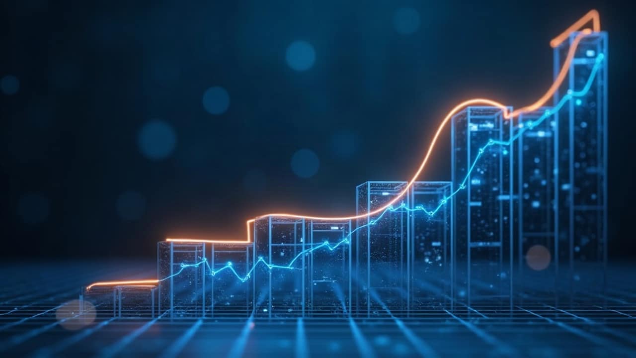 Abstract illustration of data flowing into a forecasting dashboard above stacked inventory grids