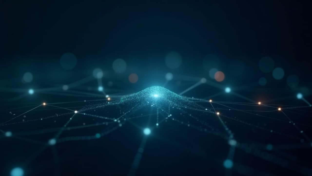 Abstract illustration of a glowing neural network layered over a dashboard representing AI powered operations