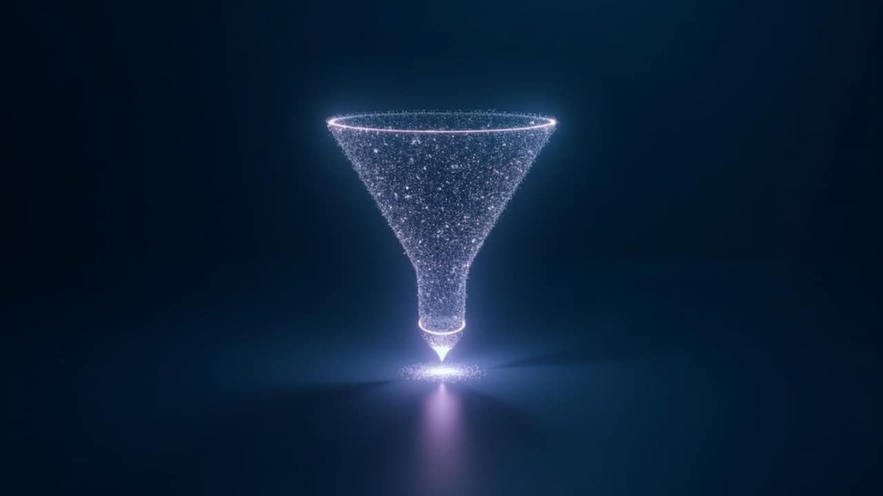 Abstract illustration of a funnel shape filled with glowing particles representing leads moving through a sales pipeline