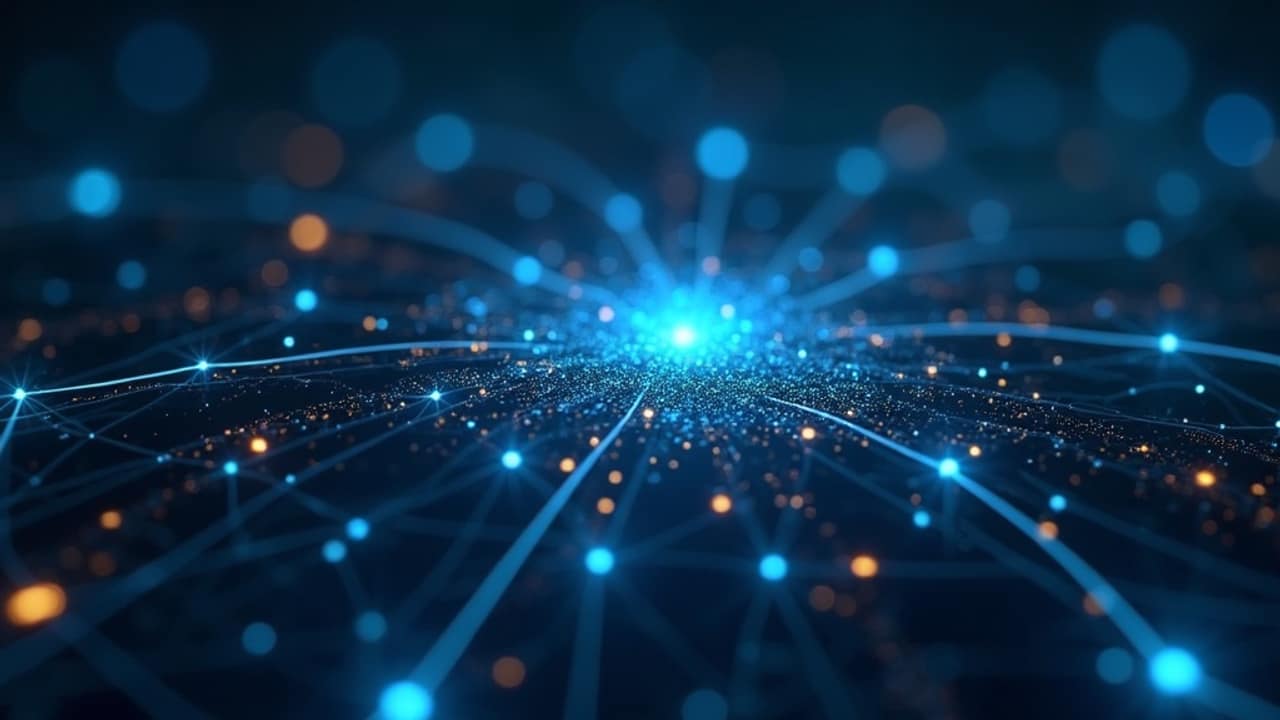Abstract illustration of a glowing voice waveform feeding into a central AI core surrounded by connected call icons