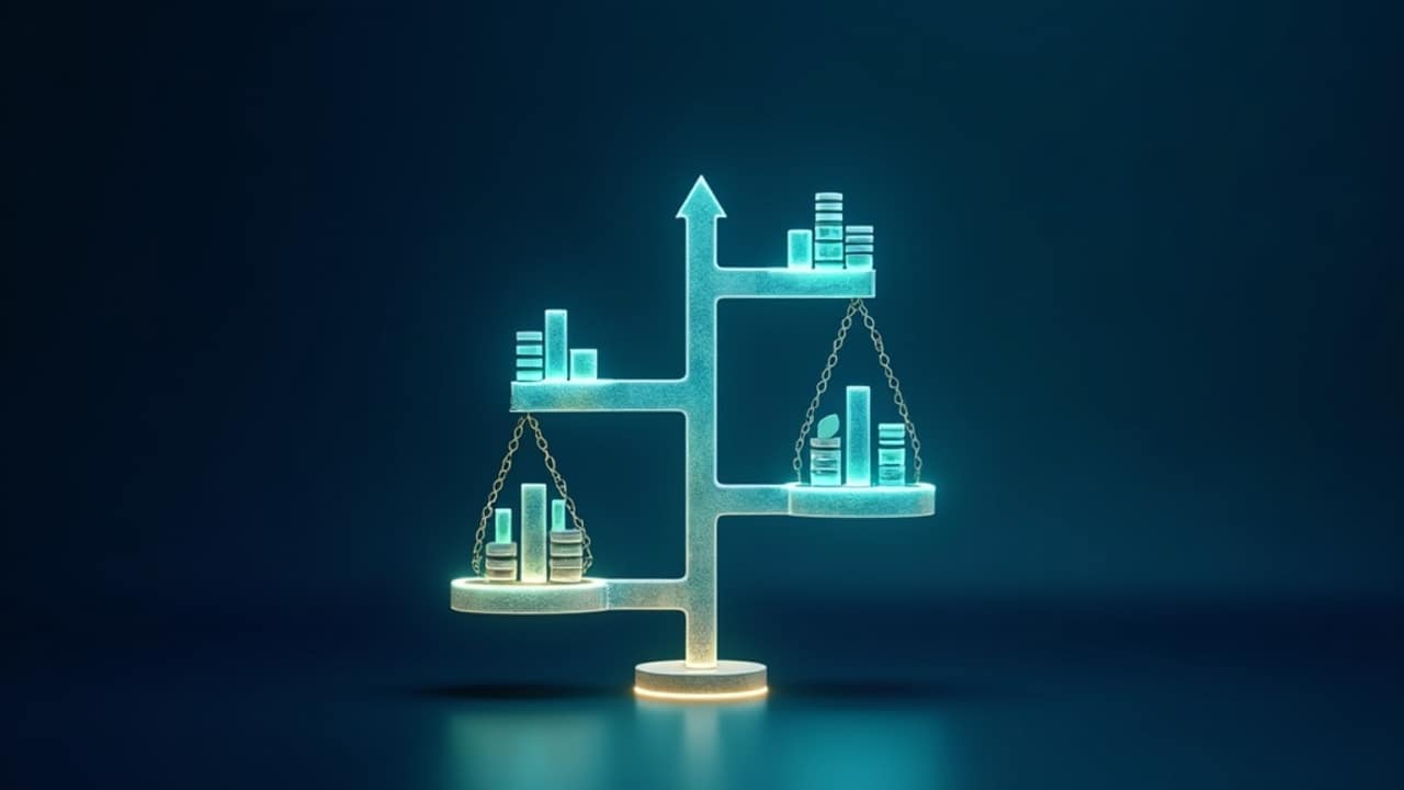 Abstract illustration of a two branch tree hierarchy with stacked payout tiers representing a binary compensation structure
