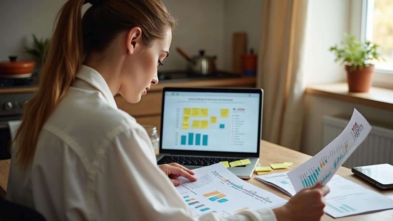A woman reviewing charts and notes on a laptop at her kitchen table while considering a direct selling business