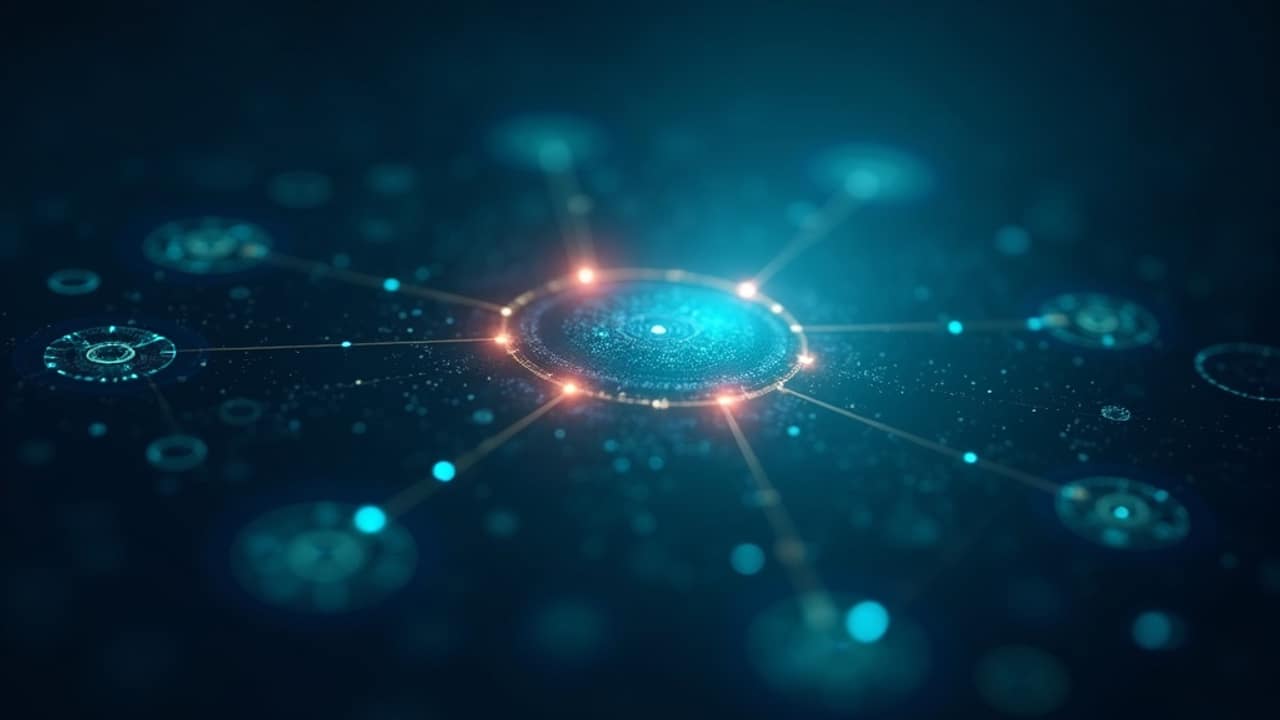 Abstract illustration of a warning signal glowing among a network of connected nodes, representing risk inside a business opportunity
