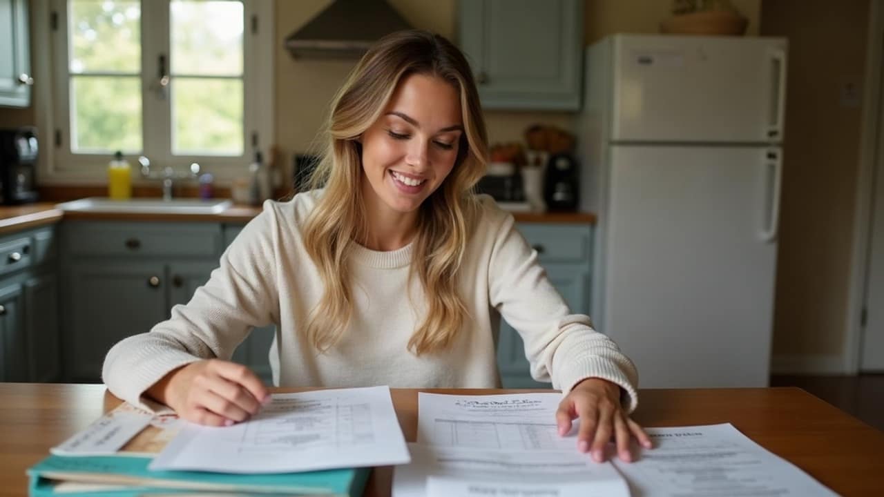 A person at a kitchen table reviewing paperwork and a laptop while evaluating a business opportunity