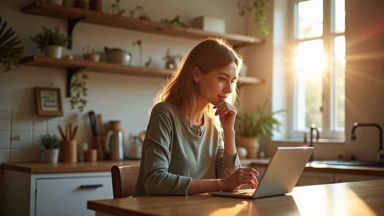 Person reviewing notes and a laptop at a kitchen table while weighing different home business ideas