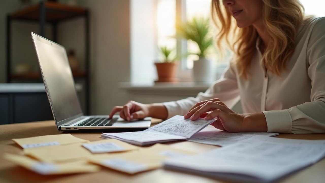 A person at a home office desk sorting receipts and reviewing financial charts on a laptop