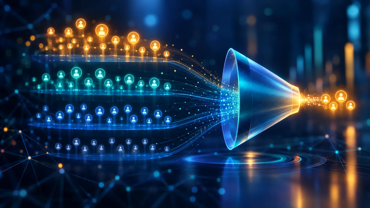 Abstract illustration of a sales funnel with glowing data points ranked by priority inside a CRM dashboard