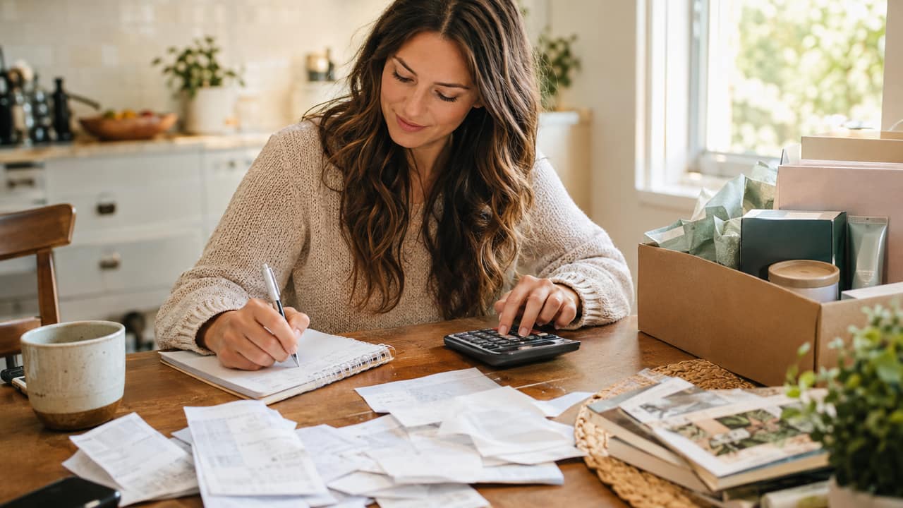 A home office desk with a laptop, a small box of product samples, and a notebook of budget numbers