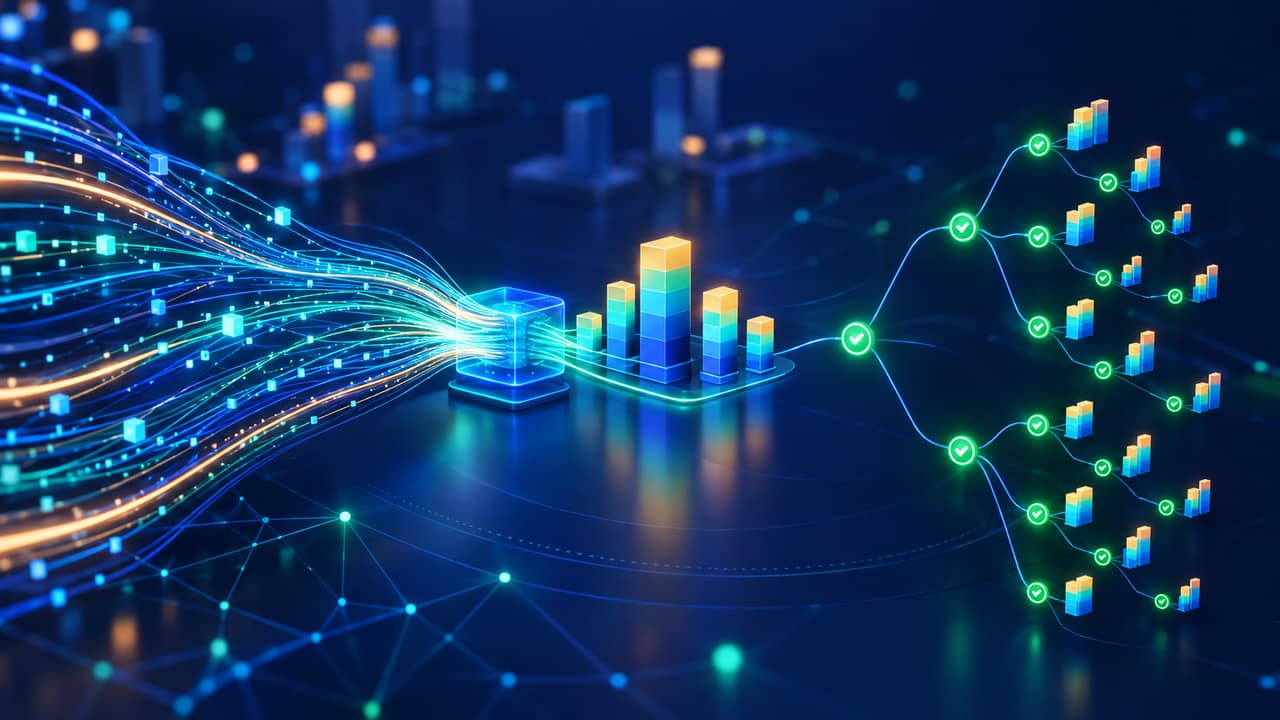 Abstract illustration of a commission payout dashboard with flowing data tiles and stacked calculation panels