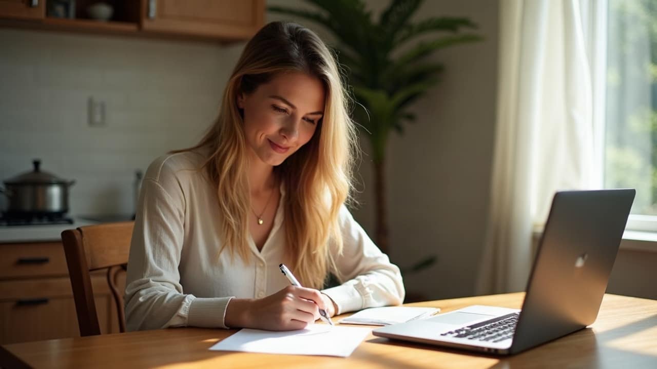 A person at a kitchen table writing notes with a phone nearby, working on their home business