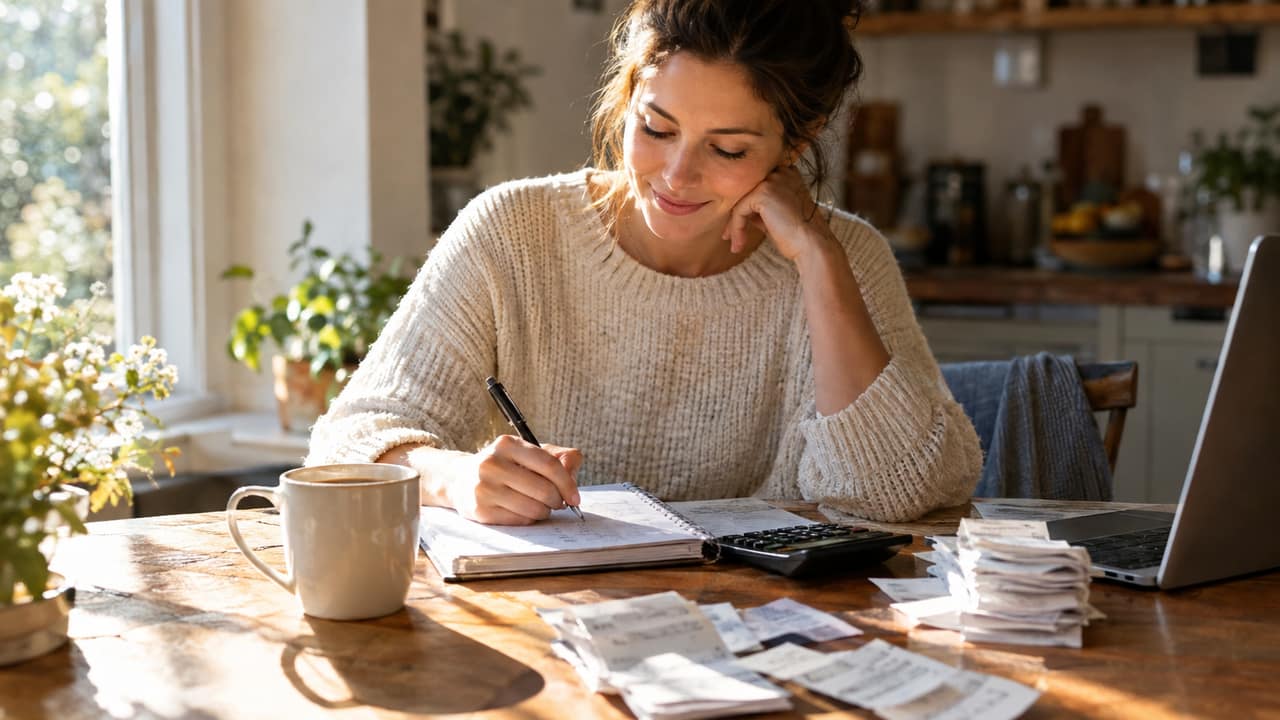 A woman at her kitchen table reviewing notes and a phone while a child plays nearby, calculating her time and income