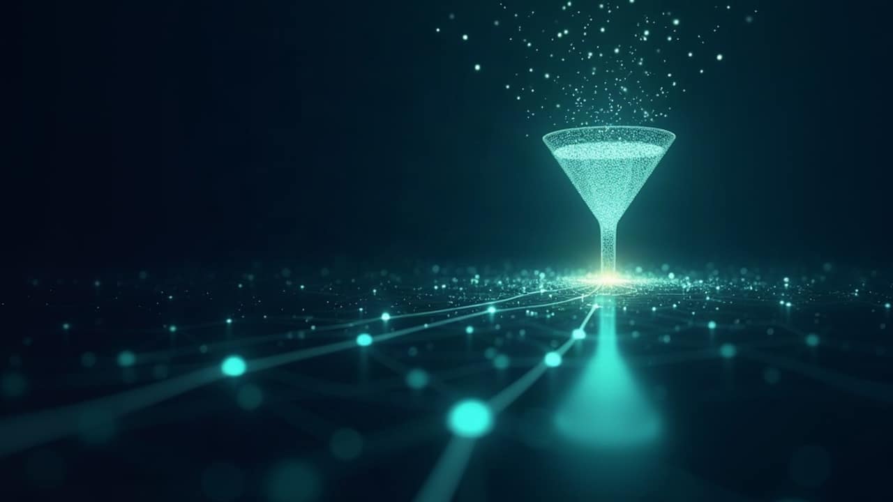 Abstract illustration of a sales funnel filtering glowing particles before they reach separate distributor pipelines