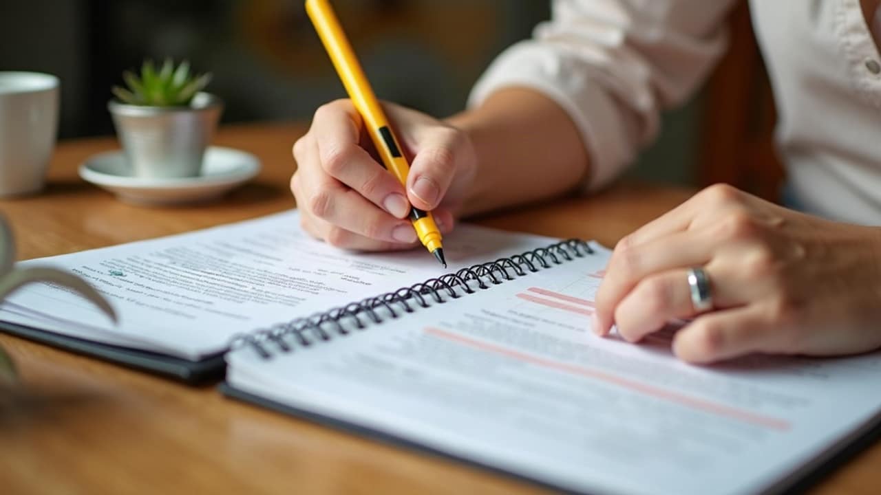 A person at a kitchen table reviewing a compensation plan document on a laptop with coffee nearby