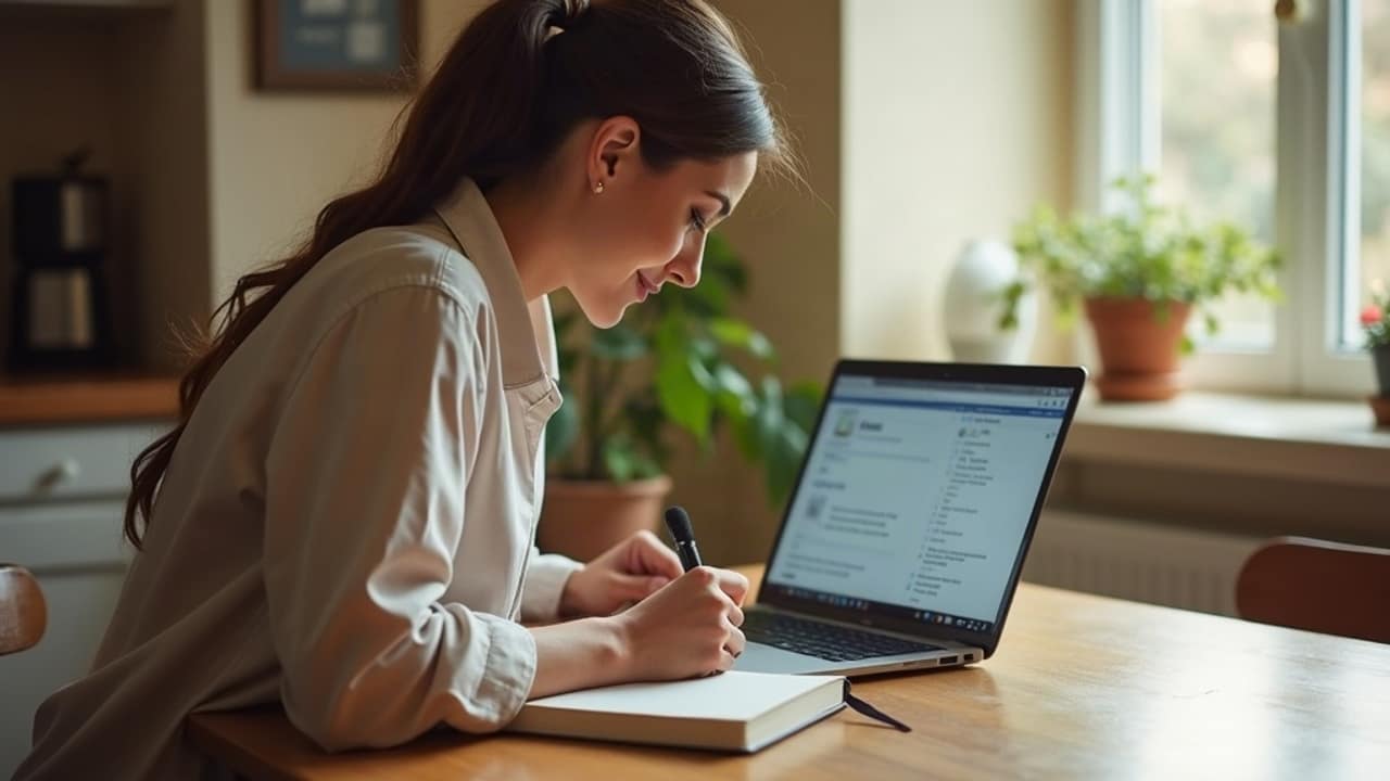 Person at a home desk reviewing notes and a laptop while researching a company before joining