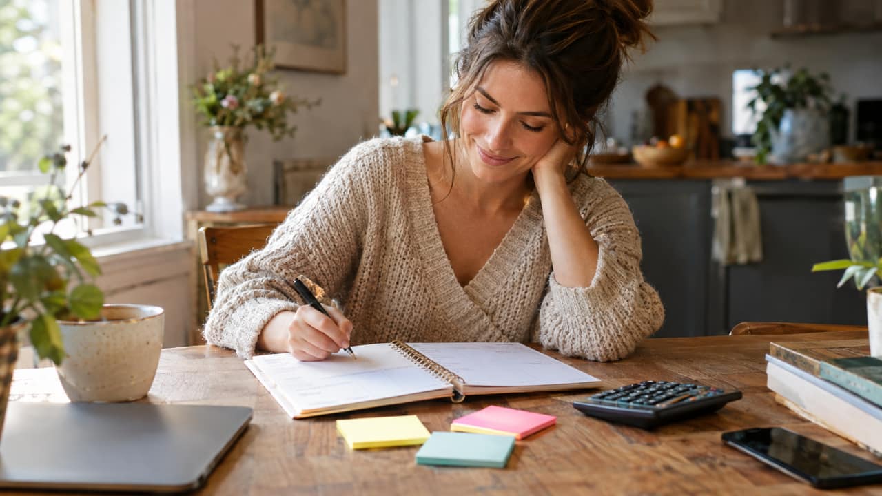 A person at a dining table reviewing handwritten goals and charts for their home business next to a laptop