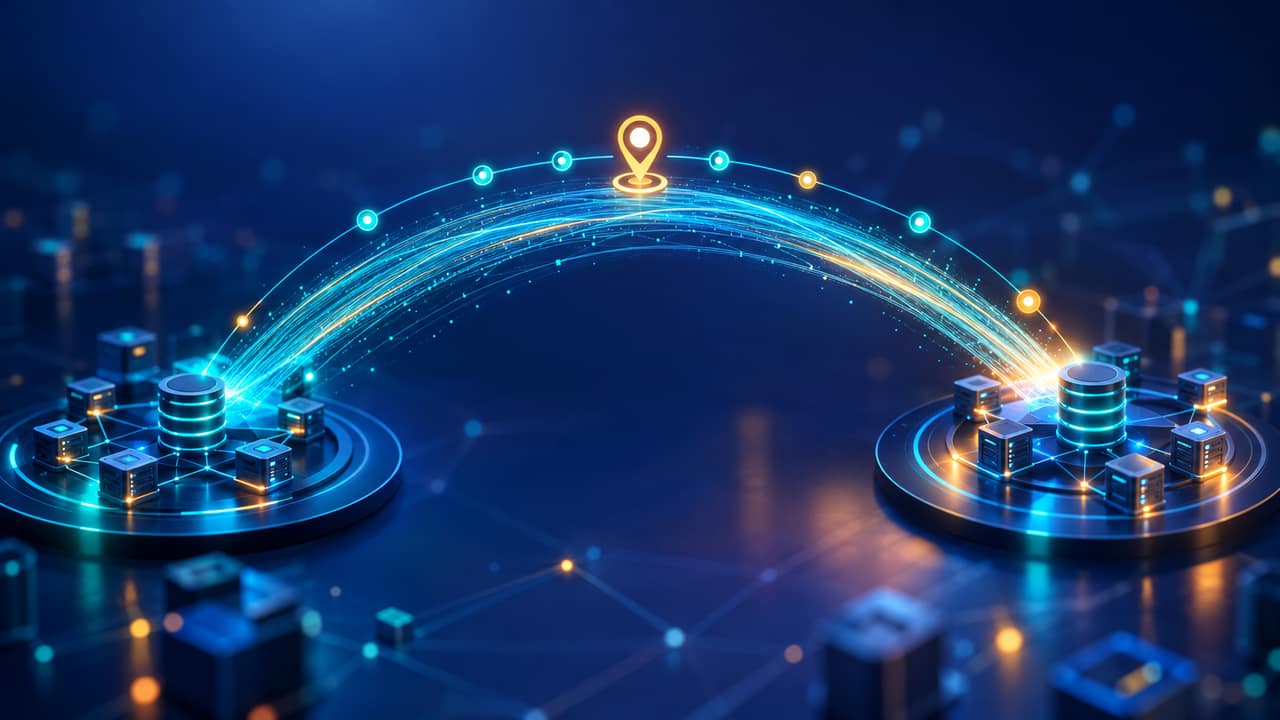Abstract illustration of data records flowing between two connected platform hubs