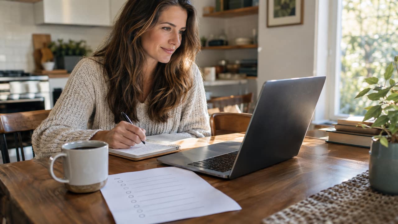 A person at a kitchen table reviewing company paperwork and a laptop before making a decision