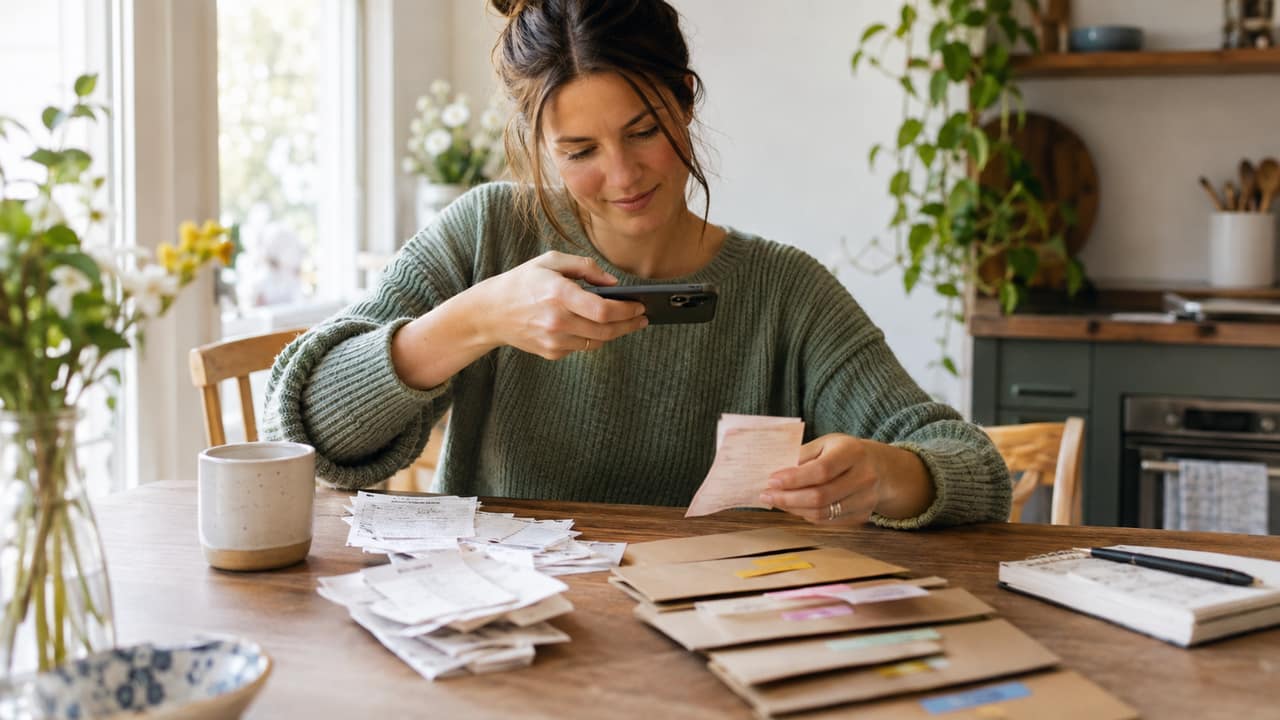 A person at a kitchen table sorting receipts and reviewing a laptop for a home business