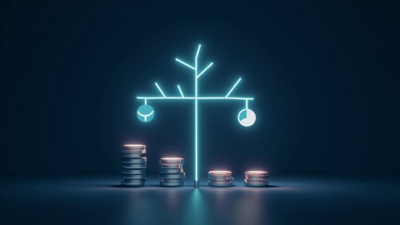 Abstract illustration of a fixed grid shaped compensation hierarchy with payout tiers stacked below a central node