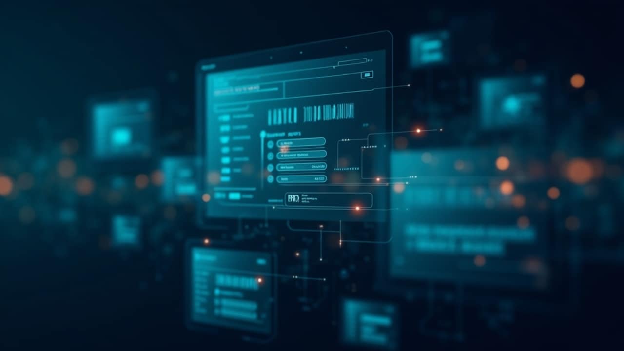 Abstract illustration of warehouse shelving and order flow lines feeding into a central operations dashboard
