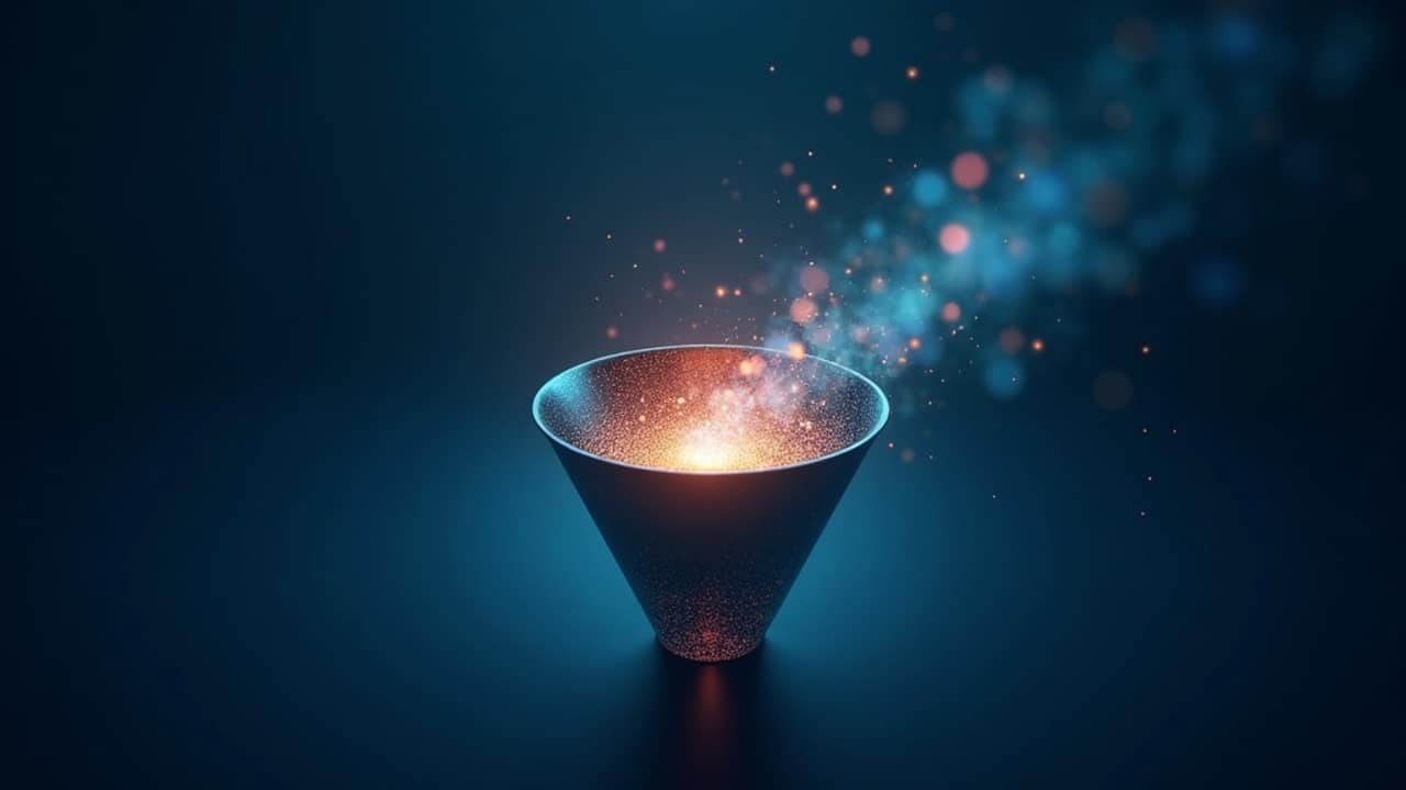 Abstract illustration of a sales funnel with glowing particles moving through capture, qualification, and handoff stages