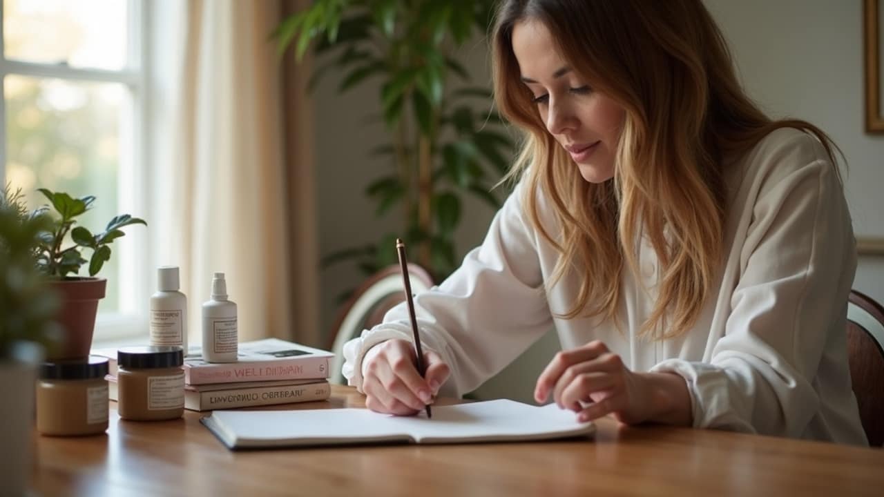 A woman sitting at her dining table reviewing product samples and a notebook while looking at her phone