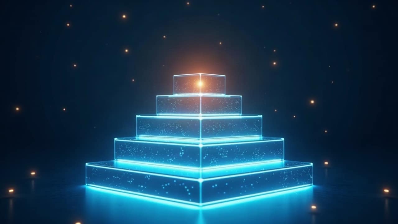 Abstract illustration of a rank advancement ladder with tiered payout levels and balanced downline branches