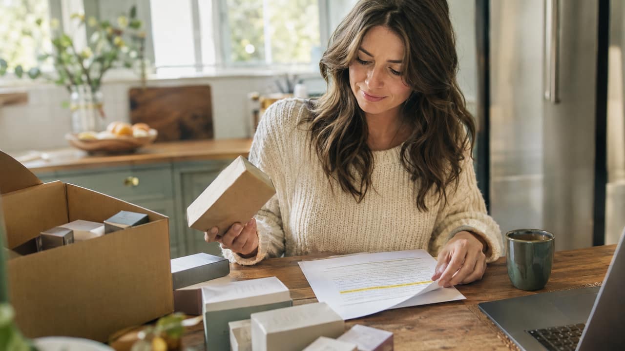 Person at a home office desk reviewing product boxes and a signed agreement next to an open laptop