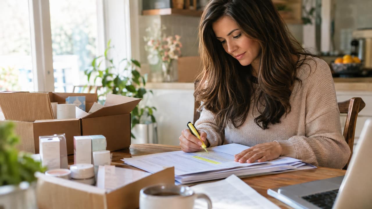 A person at a kitchen table reviewing paperwork next to boxes of unsold product inventory