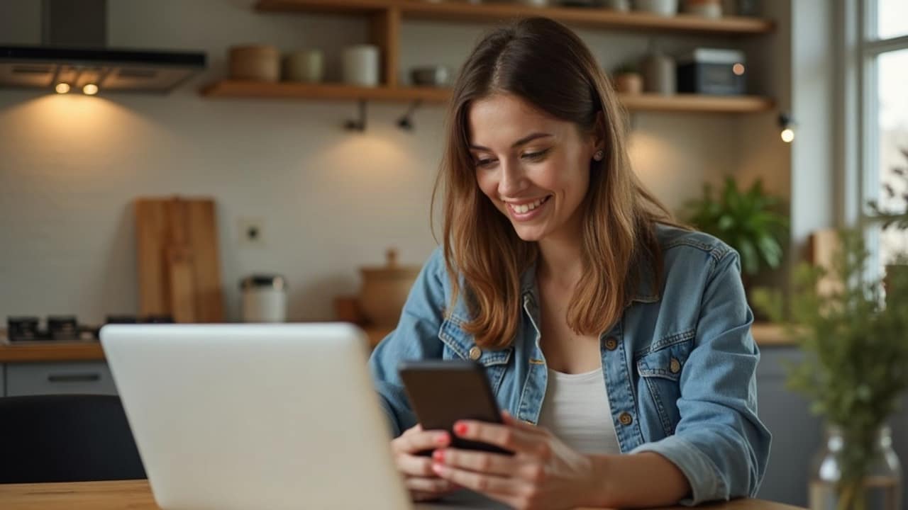 Warm photo of a person at a kitchen table checking messages on a phone next to a laptop showing charts