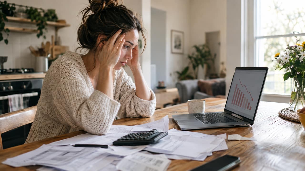 A person sitting at a kitchen table with a calculator and order receipts, looking thoughtfully at a laptop screen