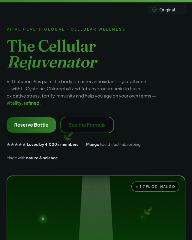Cellular-wellness antioxidant funnel with a reserve-bottle hero
