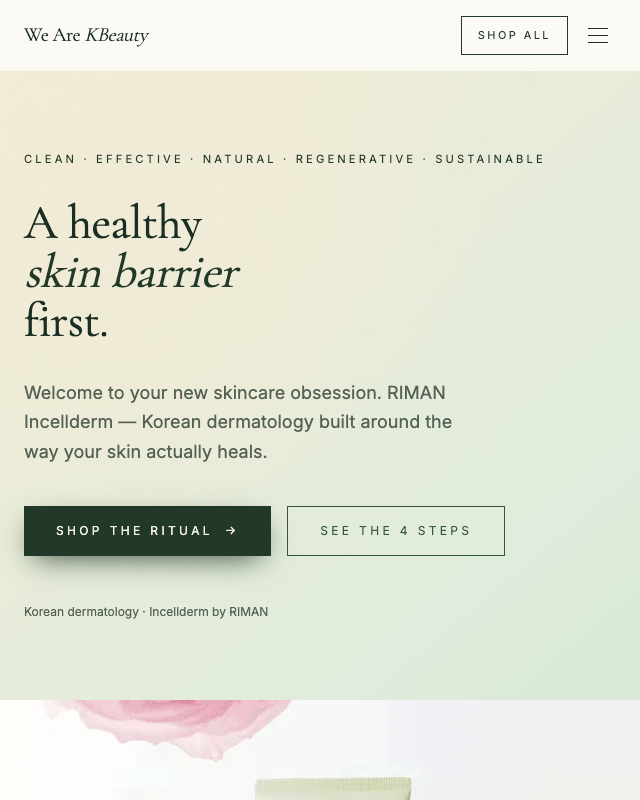 Korean skincare ritual funnel with a healthy-skin-barrier hero