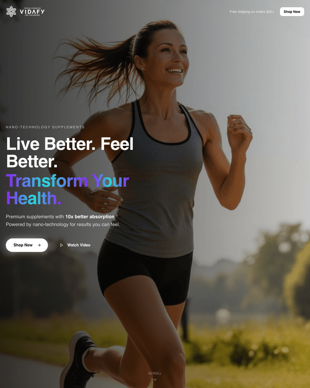Nano-technology supplement store funnel with shop-now hero