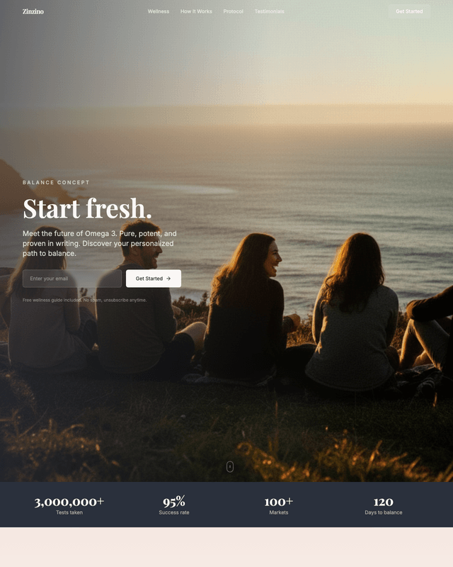 Omega-3 wellness funnel with an email lead-capture over a coastal hero